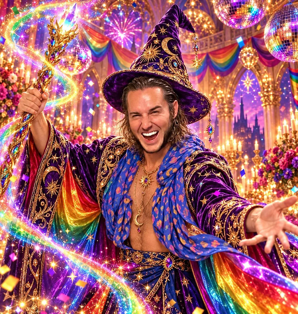 Merlin, aka Robert Beckner, aka The Gay Wizard: laughing in a jeweled purple wizard hat and velvet robes, raising a golden staff beneath disco balls and rainbow banners
